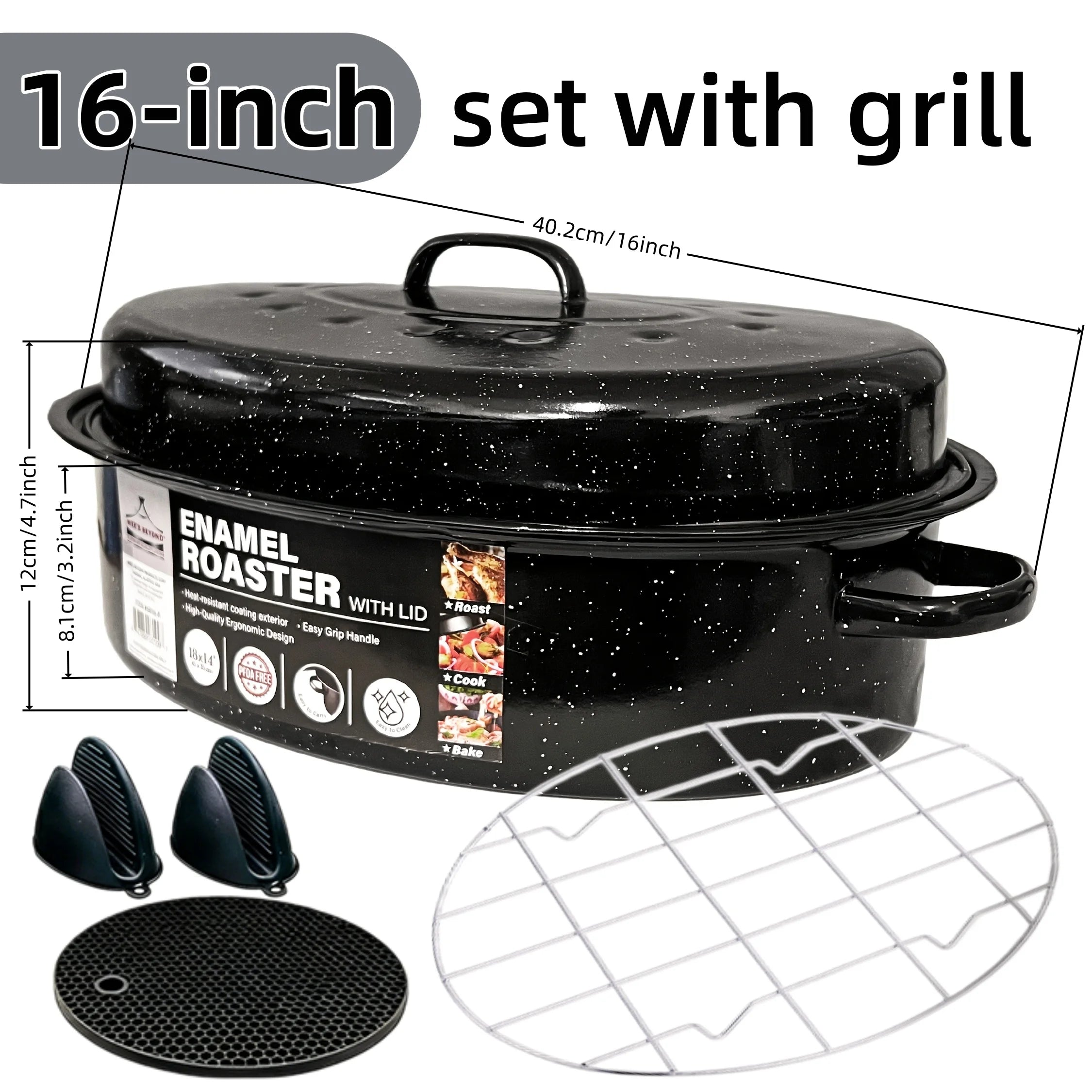 16 Inch Roasting Pan with Lid-Covered Oval Roaster-Enamel Carbon Steel Roaster Pot-Excellent Heat Distribution and Non-sticky - for Turkey Chicken Meat & Vegetables -Birthday and Holiday Gifts