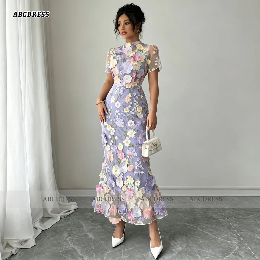 ABC Customized Floral High Neck Fitted Evening Dress Short Sleeve Elegant Robes De Soirée Midi Formal Evening Gown Front Slit
