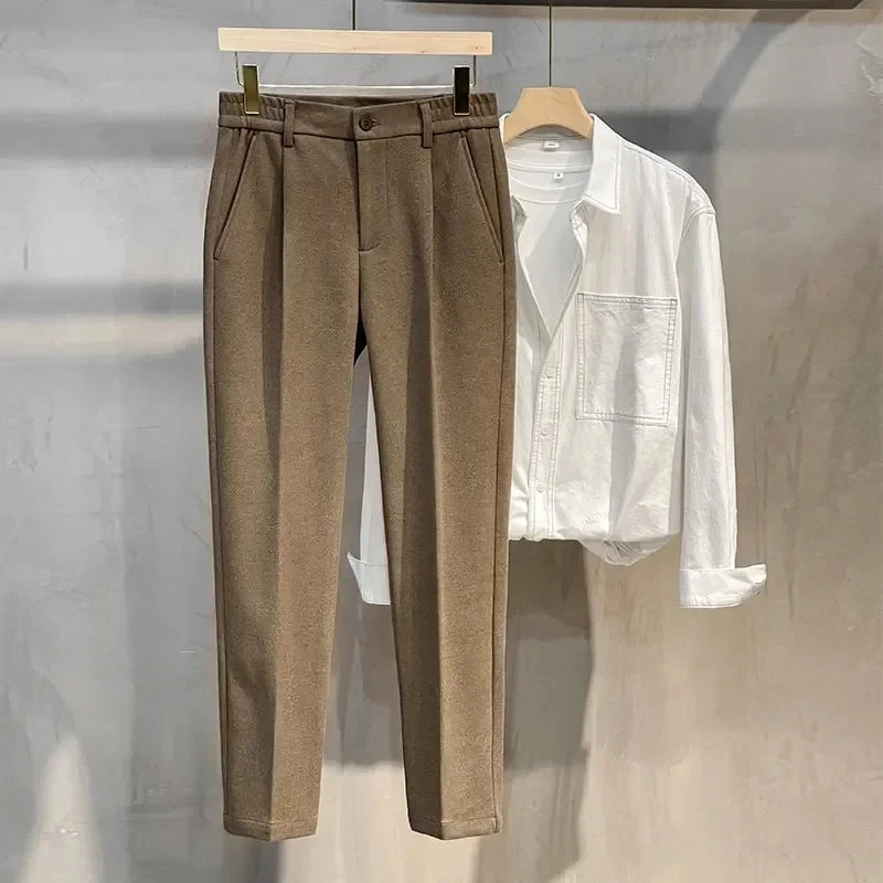 Autumn Winter Men's Woolen Suit Pants Formal Business Office Slim Straight Elastic Waist Korean Casual Tapered Brown Trousers