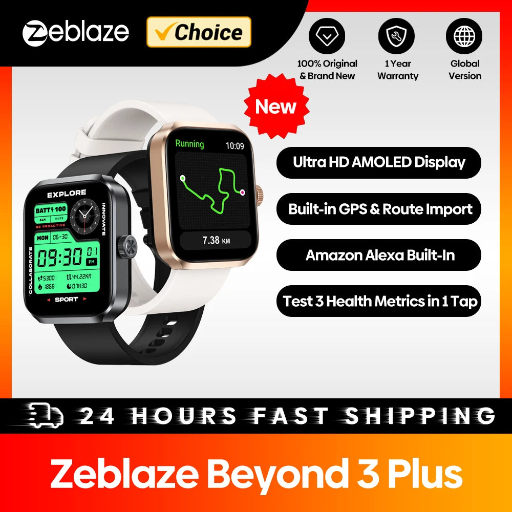 New Zeblaze Beyond 3 Plus GPS Smart Watch 1.78'' AMOLED Display Built-in Alexa Make/Receive Phone Calls 3ATM Sports Smartwatch