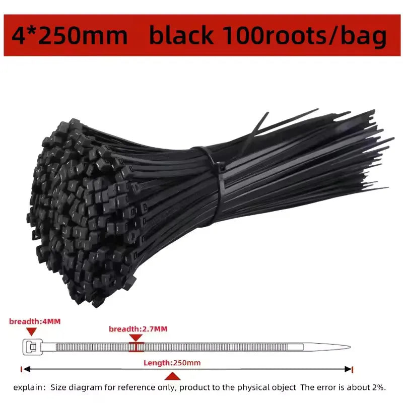 100 PCS Self-locking Plastic Nylon Tie Black Fastening Strap Cable-Tie-Set Cable Zip Tie Fastening Ring Zip Wraps Strap Tie