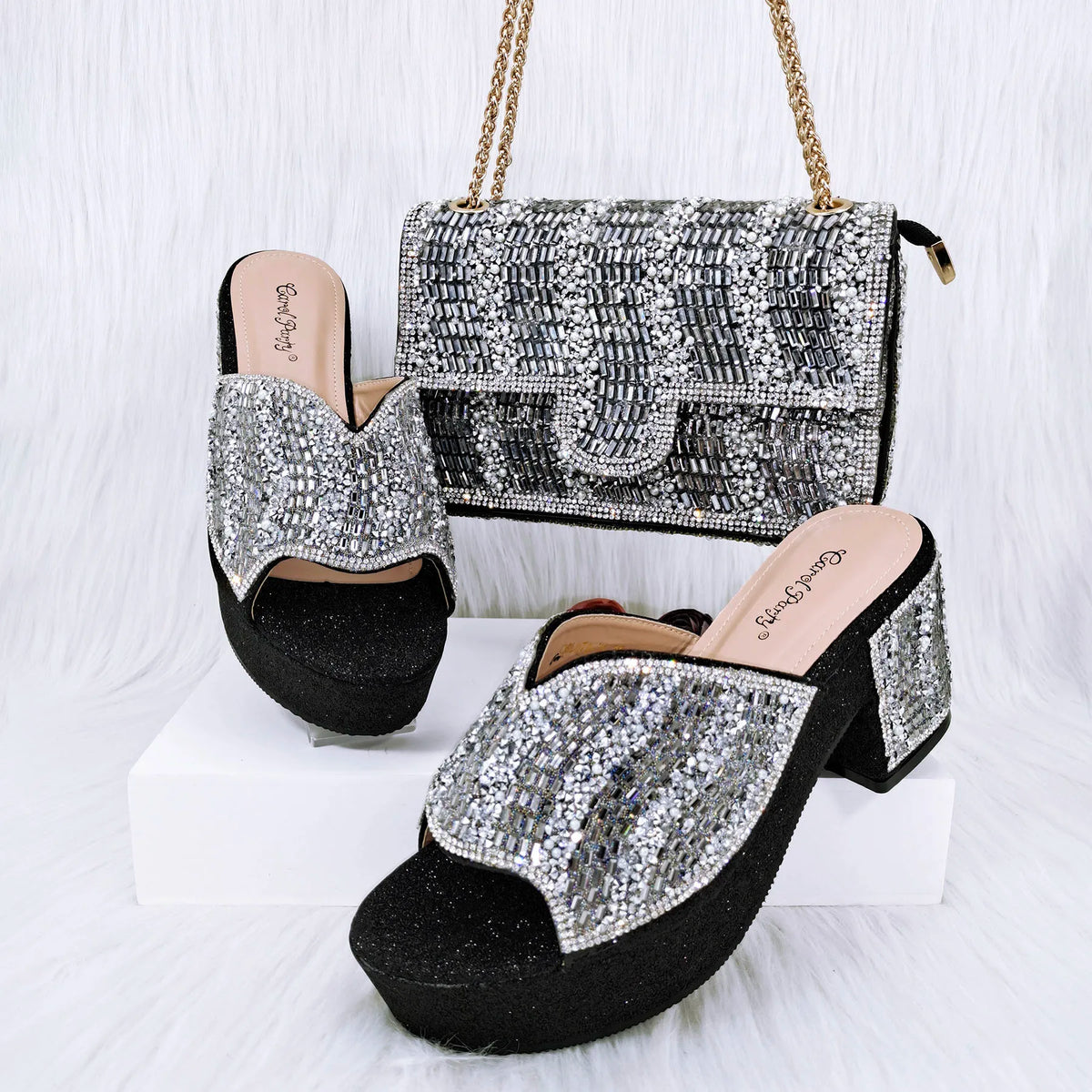 QSGFC Italian Design Fashion Crystal Fish Mouth High Heels Elegant, Exquisite, And Mature Women's Sandals And Square Bag Set