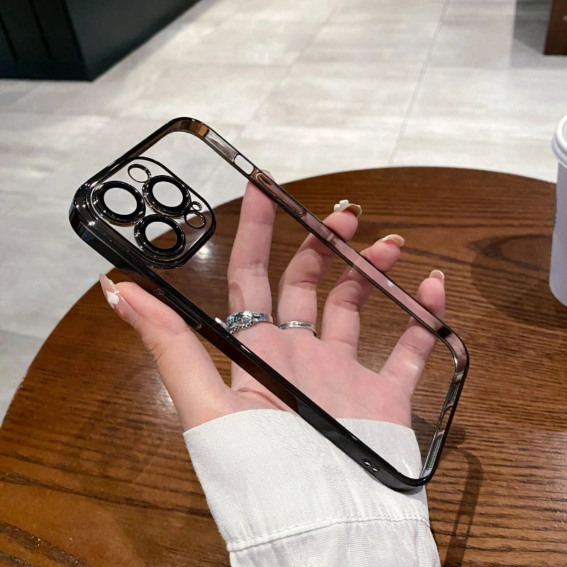 Luxury Plating Clear Silicone Phone Case For iPhone 16 17 15 14 13 12 11 Pro XR XS Max Mini Plus Lens Protection Case Back Cover