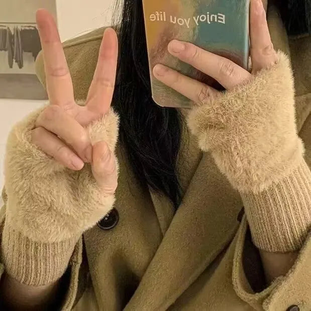 Women's Warm Plush Half-Finger Gloves for Autumn Winter Multi-Functional Cute Office Wear Cold-Resistant Fingerless Mittens