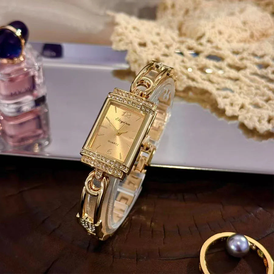 Ladies Fashion Quartz Watch with Diamond-Encrusted Pin Buckle Rectangular Case Popular Cross-Border Sale Elegant Timepiece