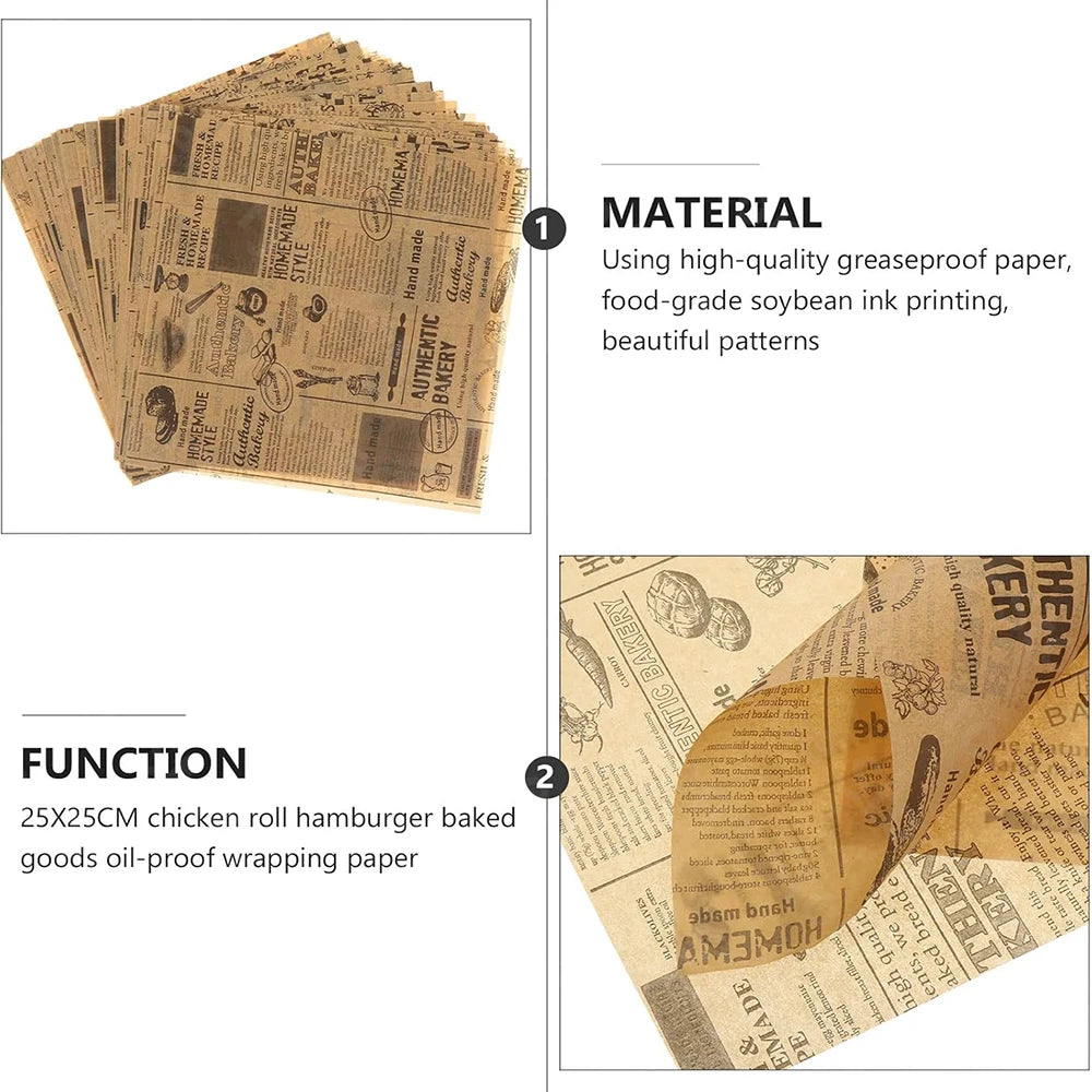 50-200Pcs Deli Wax Paper Old Newspaper Greaseproof 22x22CM Burger Bread Wrap Basket Mat for Fries Sandwich Papel Antigrasa