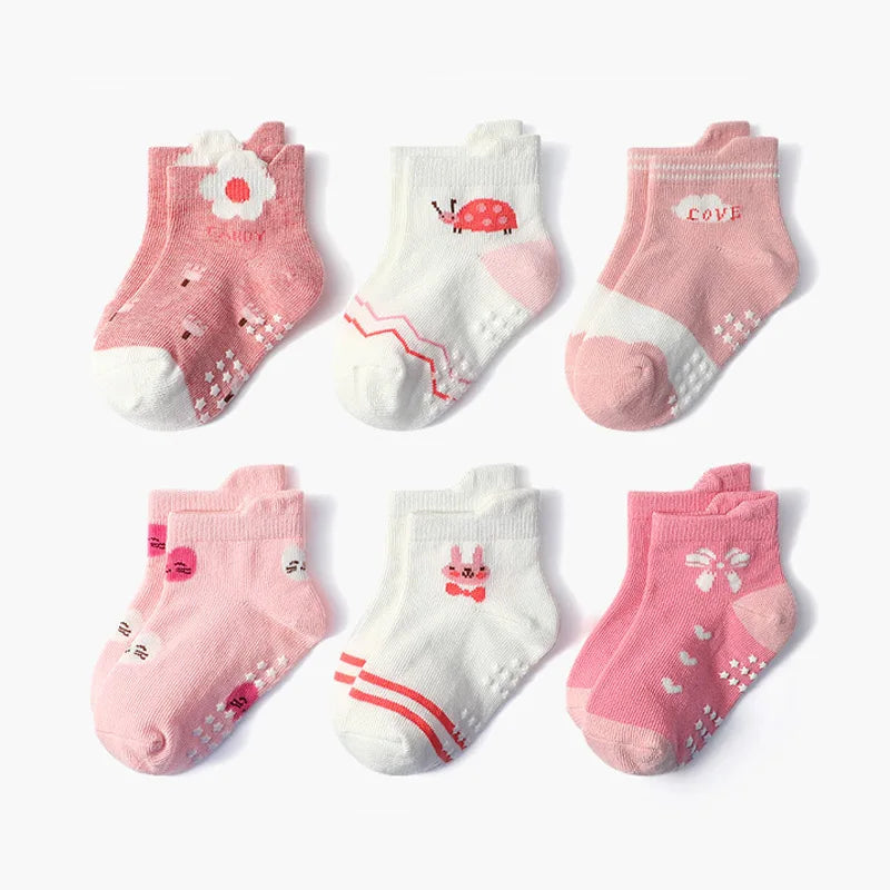 6 Pairs Girls Socks Cartoon Flower Heart Pattern Non-Slip Floor Socks for Kids Baby Toddler All-Season