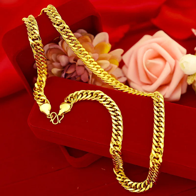 Men's Luxury 24K Plating Gold Necklace Jewelry 10mm Flat Chain Long Lasting Non-Fade Wedding Engagement Jewelry Christmas Gift F