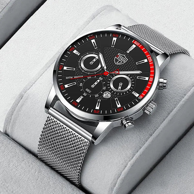 Mens Fashion Sports Watches Men Business Casual Quartz Wrist Watch Luxury Silvery Mesh Belt Watch