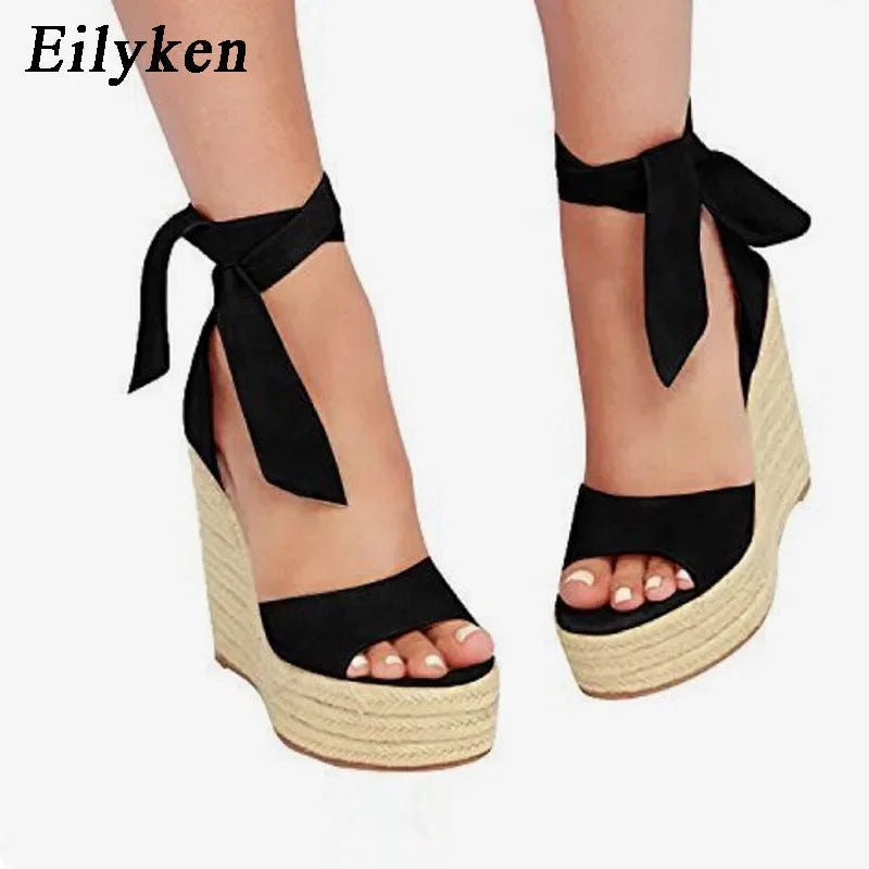 EilyKen Summer Butterfly-Knot Open Toe Women Sandals Fashion Solid Platform High Heel Wedge Shoes Ankle Lace-up Pumps