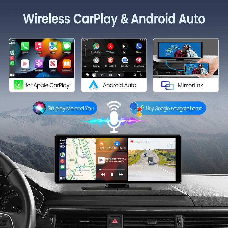 Junsun 10.26 Inch 4K Dash Cam Wireless Apple CarPlay Android Auto GPS Navigation Dual Lens DVR WiFi Rear View Camera Touch Screen Video Recorder Loop Recording G Sensor Multimedia Display