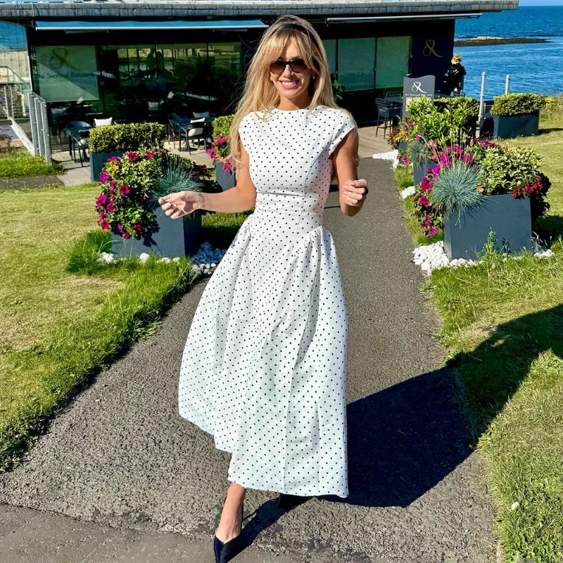 Talenza White Polka Dot Long Dress Summer Sexy High-Waisted Vintage Print Sleeveless Dress Casual Party Vacation New Women Dress