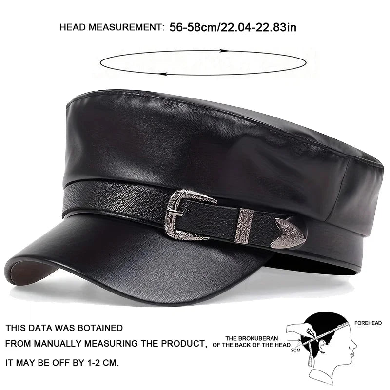 Women's Fashion Leather Beret with Large Belt Buckle – Spring/Autumn Flat Top Captain Military Cap, Unisex Sailor Hat