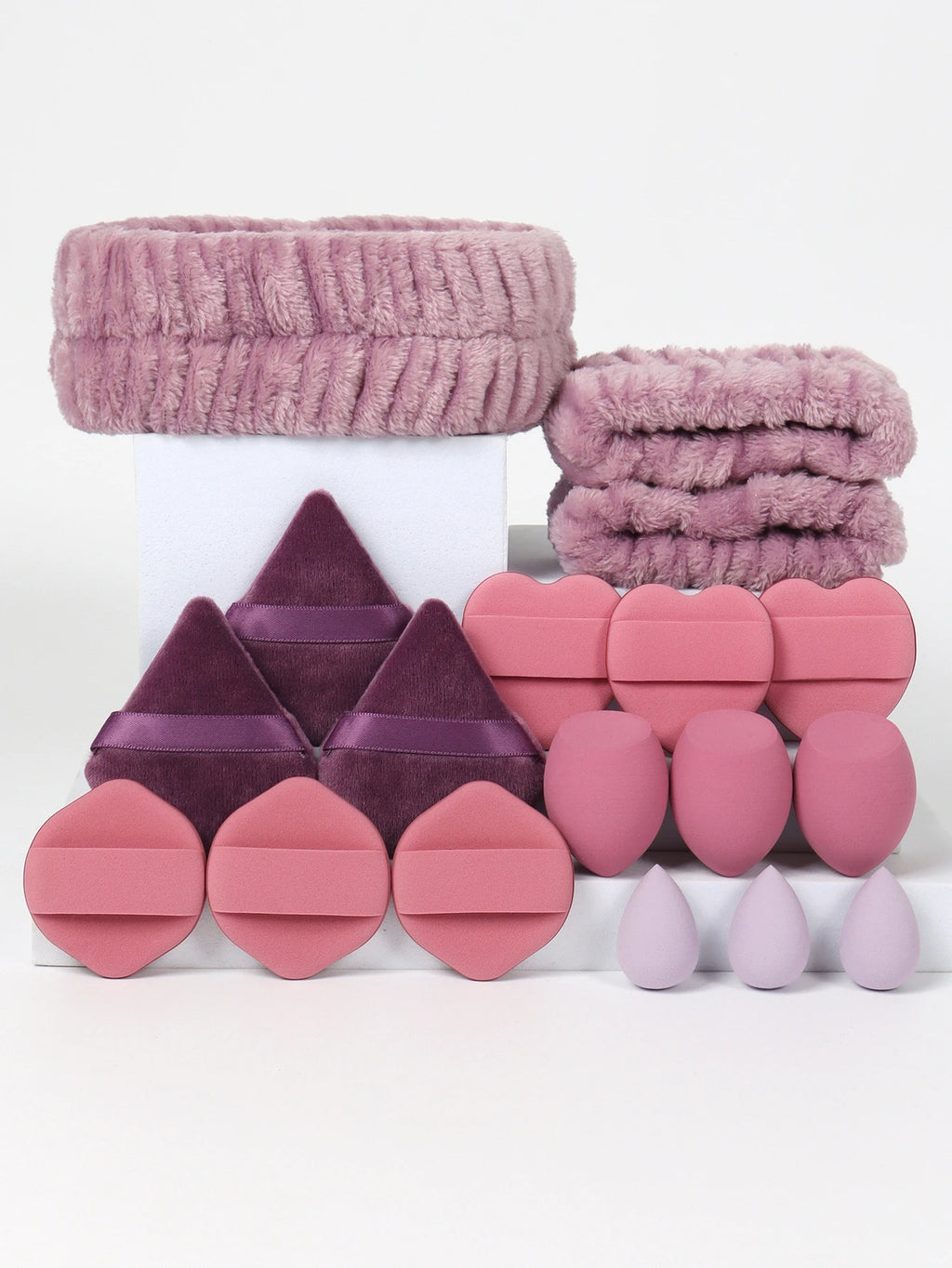 18 Piece Headband Set. 1 Hair Band & 2 Wrist Bands & 3 Make-Up Sponges & 3 Mini Square Air Cushions & 3 Triangular Powder Puff &