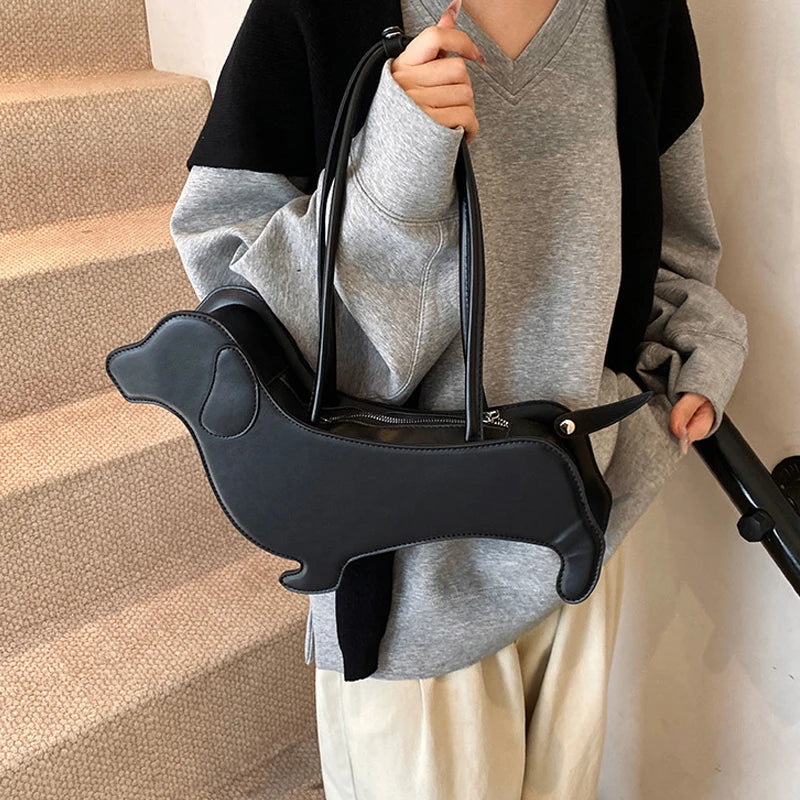 Three-dimensional Dachshund Shoulder Bag PU Leather Retro Handbag Design Underarm Bag For Women Trend Commut Bag