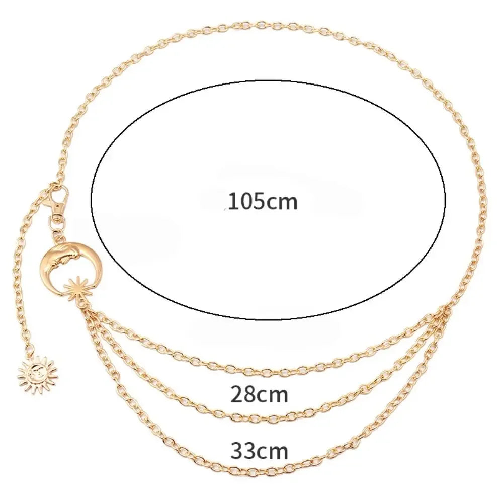 Punk Hip Hop Style Thin Waist Chain Sun Moon Star Women Chain Belt Vintage Fashion Metal Alloy Waistband Clothing Accessories