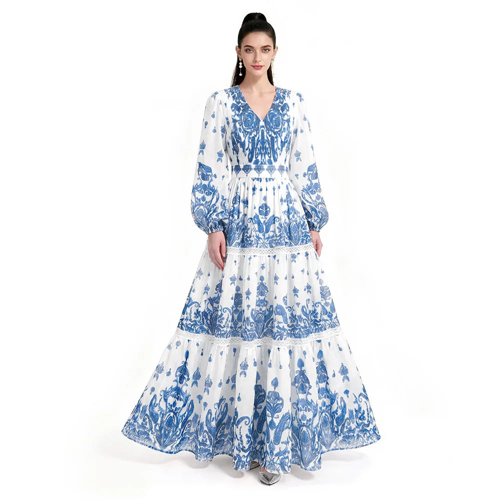 Vintage Floral Tiered Dress Women V Neck Puff Long Sleeve Belted Waist A Line Maxi Dress Spring Resort Wedding Guest Long Gown