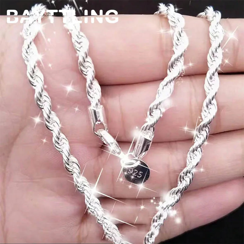 925 sterling silver 4mm rope chain necklace for couples, men and women, 40-60cm necklace, wedding and party jewelry