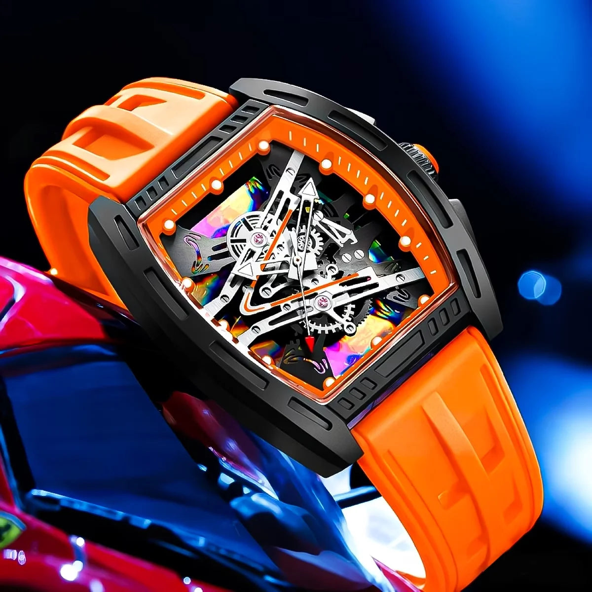 Fashion Tonneau Skeleton Dial Men Quartz Watch Casual Silicone Strap Analog Sport Wristwatches Relogio Masculino（Without Box）