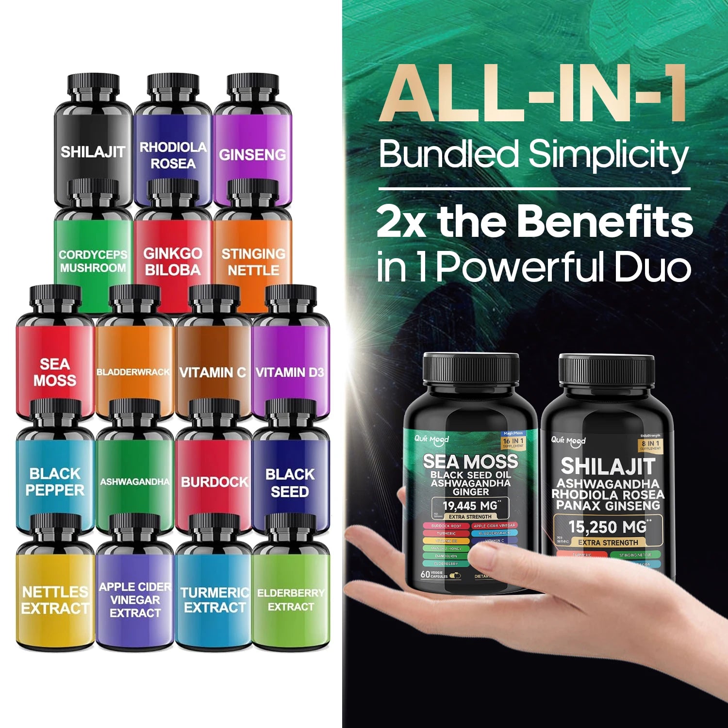 Bundle Sea Moss and Shilajit |High Potency Vitality Combo - Ashwagandha Turmeric Bladder, Burdock 2000 Mg & Ginger, Vitamin C