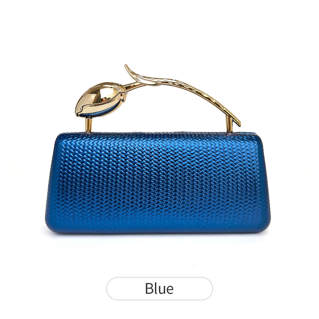 New Classic Gold Women's Evening Bag Luxury Party Chain Crossbody Bag with Rose Shaped Handle Wedding Clutch a Great Gift for Wo