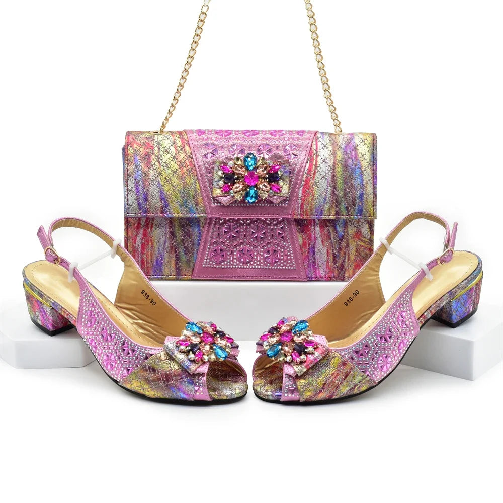 Latest Pink Shoe and Bag Set Women Italian Decorated with Rhinestone African Women Wedding Shoes Bride Plus Size Women Pumps 43