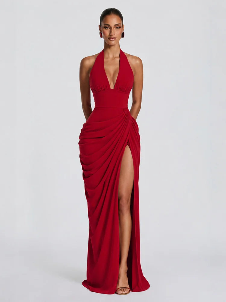 Sexy Solid Pleated Halter Women's Dress Fashion Sleeveless Backless Waist-cinching Split Maxi Dresses 2026 Summer Party Gowns