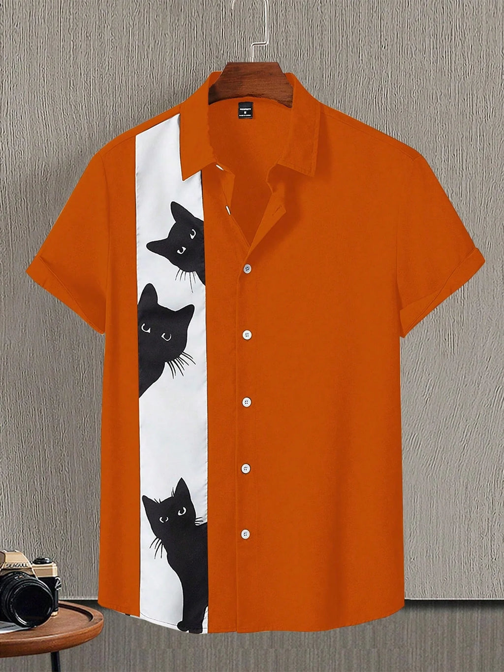 A Whimsical Cat Printed Men's Shirt with Short Sleeved Buttons and A Cat Pattern for Casual Entertainment