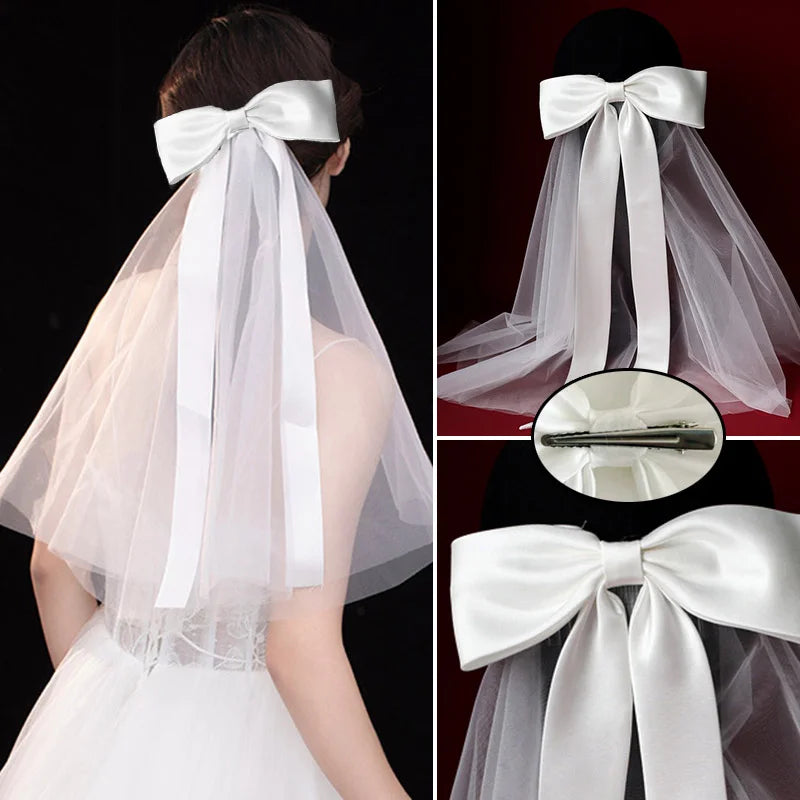 Elegant Bridal Wedding Headdress Double Layer Mesh Tulle White Color Women Short Wedding Veil with Clip Ribbon Bride Headpiece
