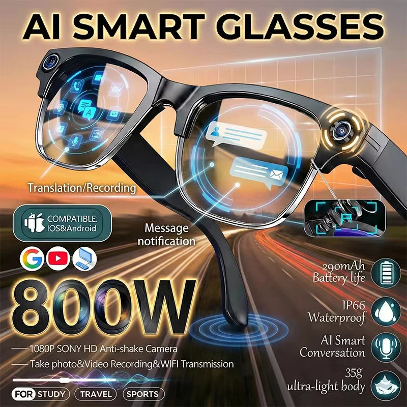 New Upgrade 800W Pixel Smart Glasses With Camera Video Recording AI Photo Recognition Call Language Translation Voice Sunglasses