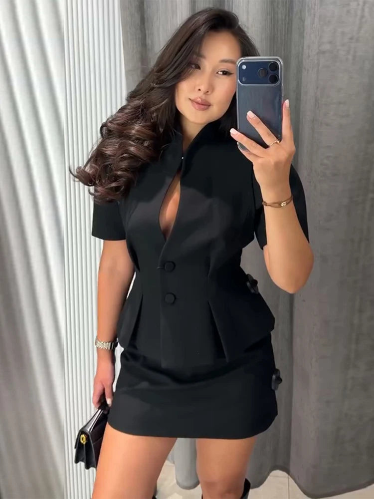 Elegant Ruffle Women's Coats Short Sleeve Hollow-out V-neck Female Jackets 2026 Summer Office Lady New Waist-cinching Lady Coat