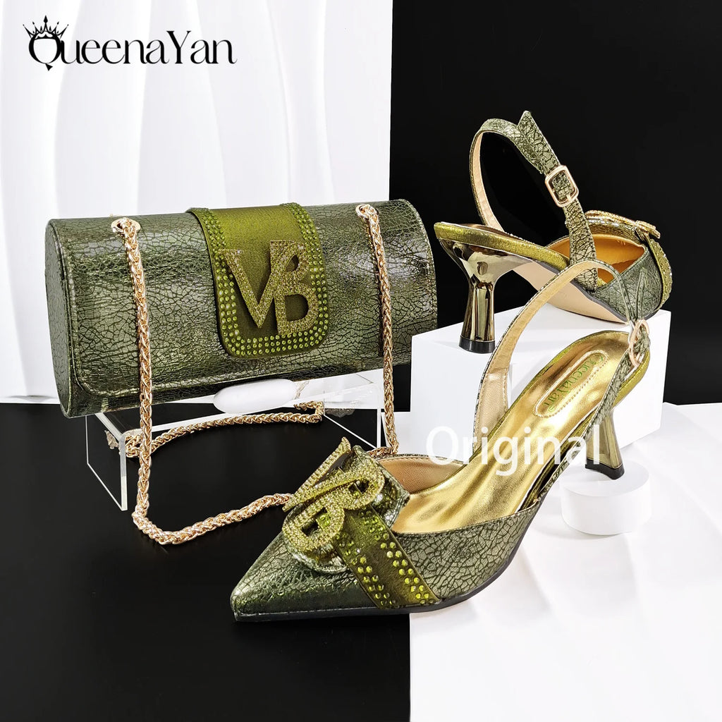 2026 Women Shiny Holographic Rainbow Slingback Heel Matching Bag Set Sparkly Rhinestone Letter Embellished Pumps for Wedding