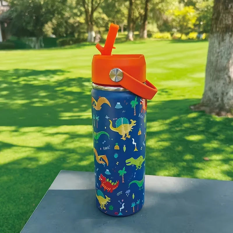 16oz Kids Water Bottle Cartoon Animal Children's Cup With Straw Stainless Steel Vacuum Flacks Thermos Bottle Thermal Mug Cups