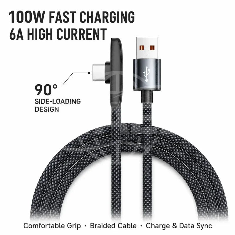 100W USB To Type C Fast Charging 90° Elbow Data Cable PD USB C Super Charging Game Cable for Samsung S23 S22 Huawei POCO Realme