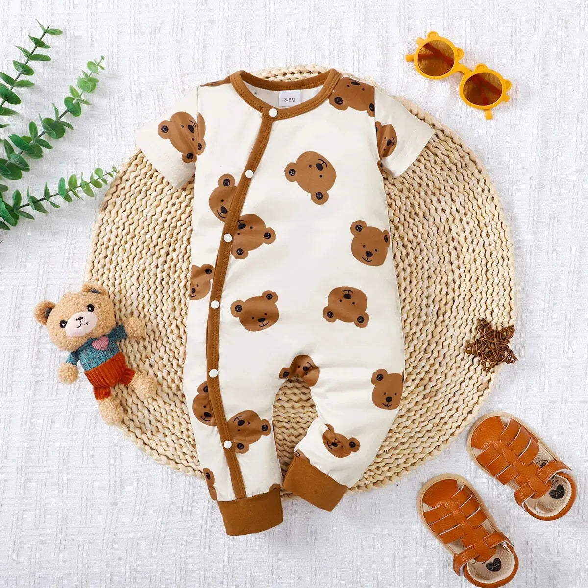 Summer Newborn Infant Baby Boys Romper Bear Print Short Sleeve Button Up Front Rompers Kids Onepiece Baby Suit