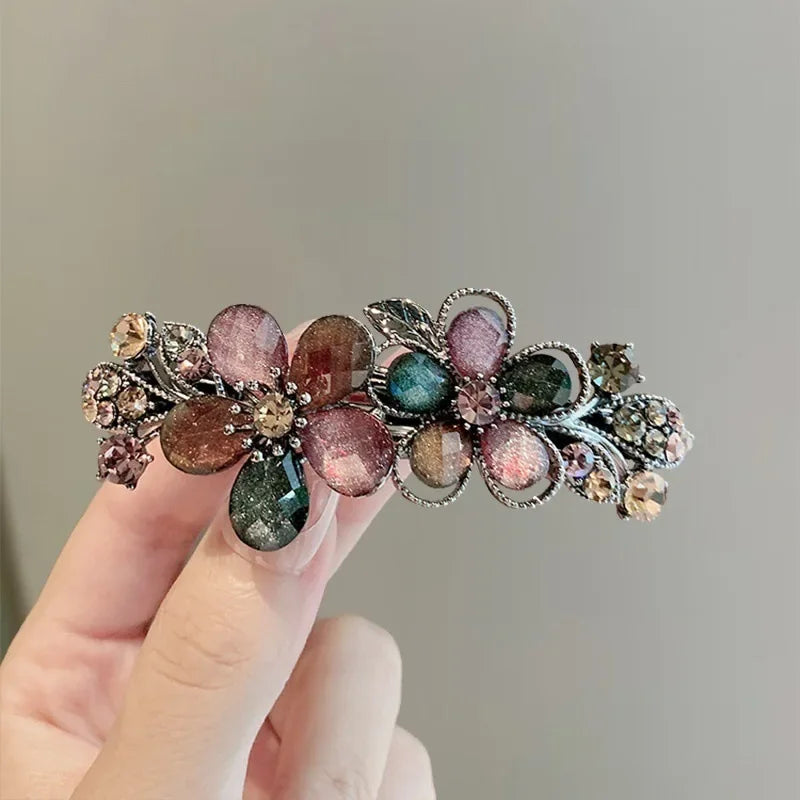 Elegant Colorful Rhinestone Flower Spring Hair Clip One Word Clip Women's Back of Head Half-tied Barrettes Hair Accessories
