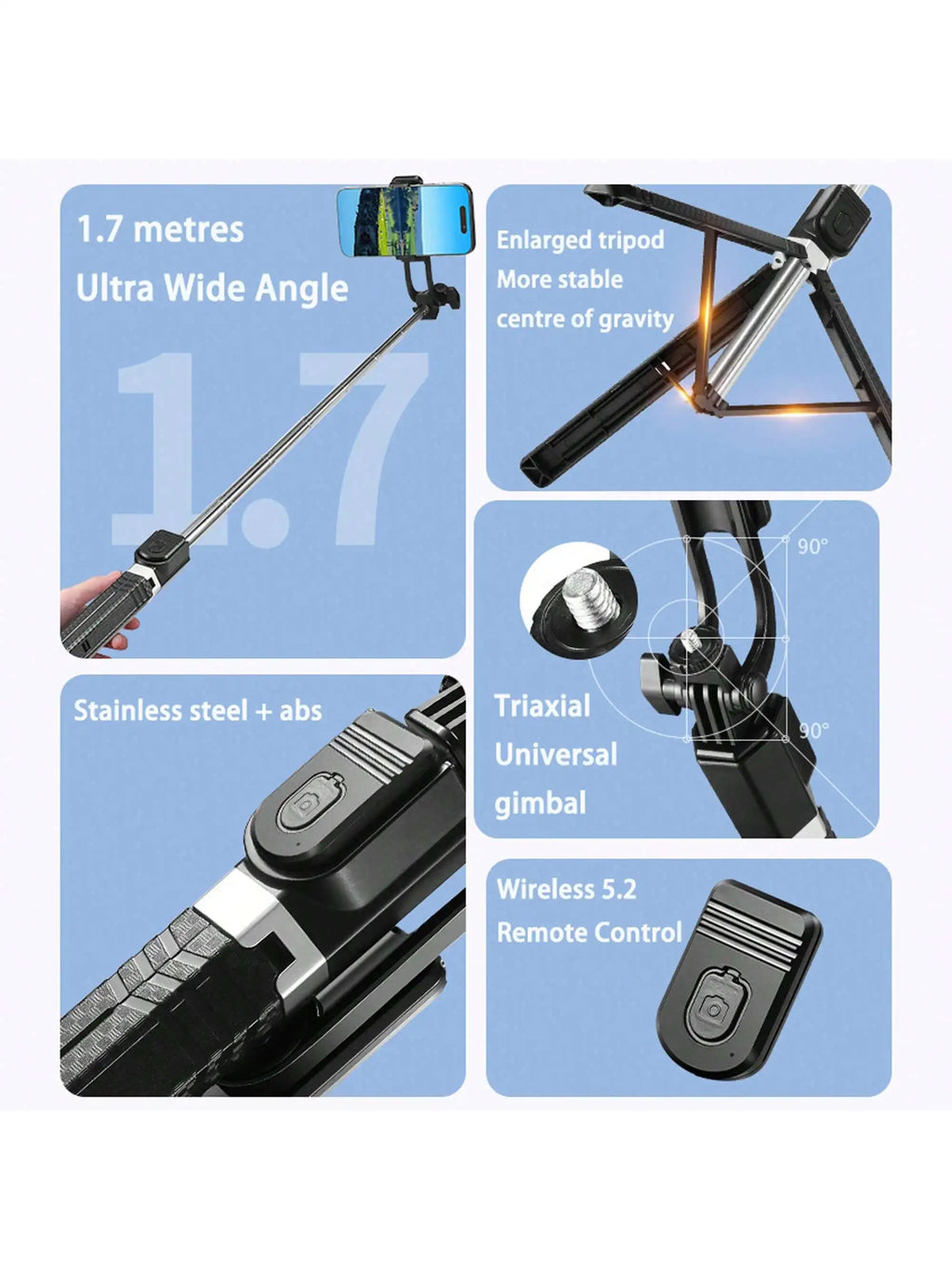 〈Magnetic Quick-Release〉Selfie Stick Tripod with Wireless Remote | Includes Universal Metal Plate for All Phones 170cm Travel st
