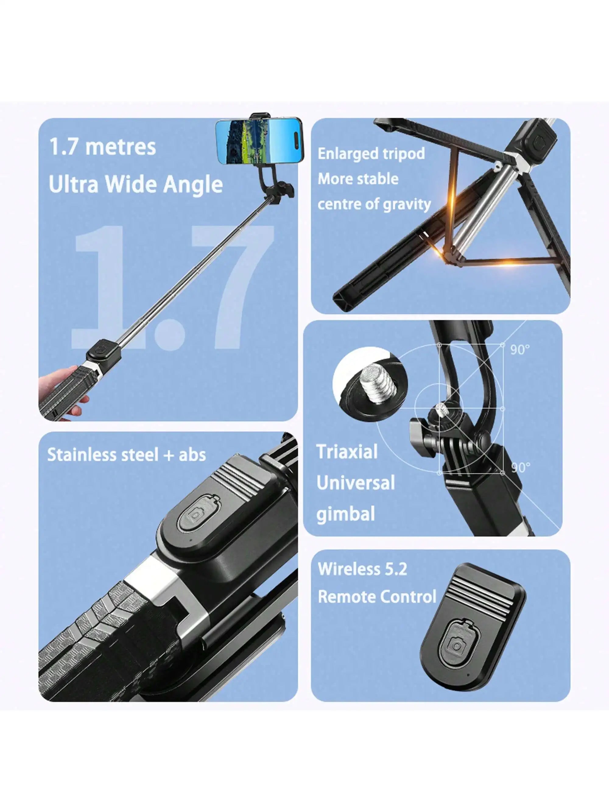 〈Magnetic Quick-Release〉Selfie Stick Tripod with Wireless Remote | Includes Universal Metal Plate for All Phones 170cm Travel st