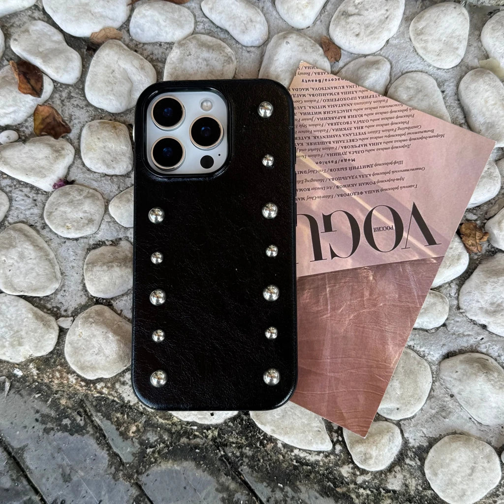 Advanced Black Leather Stereoscopic Metal Rivets Round Bead Shock Proof Phone Cover Case for iPhone 17 16 15 14 Pro Max 17Air