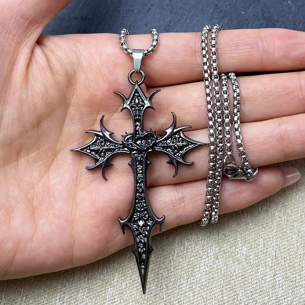 Gothic Double Sided Cross Pendant Necklace Niche Personality Design Hip Hop Retro Punk Accessories