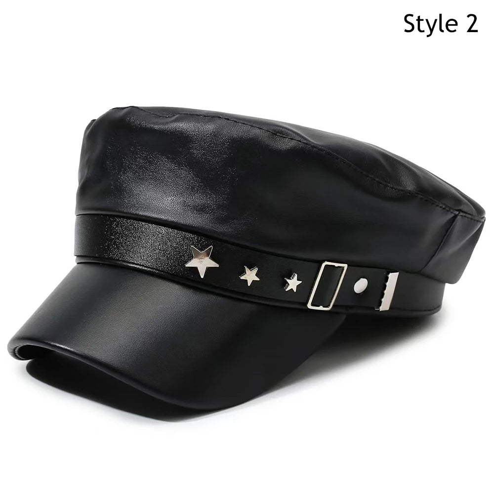 New PU Leather Beret Hat Autumn And Winter Versatile Beret Retro Flat Top Visor Adjustable Black Painter Hat Octagonal Cap