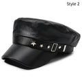 New PU Leather Beret Hat Autumn And Winter Versatile Beret Retro Flat Top Visor Adjustable Black Painter Hat Octagonal Cap