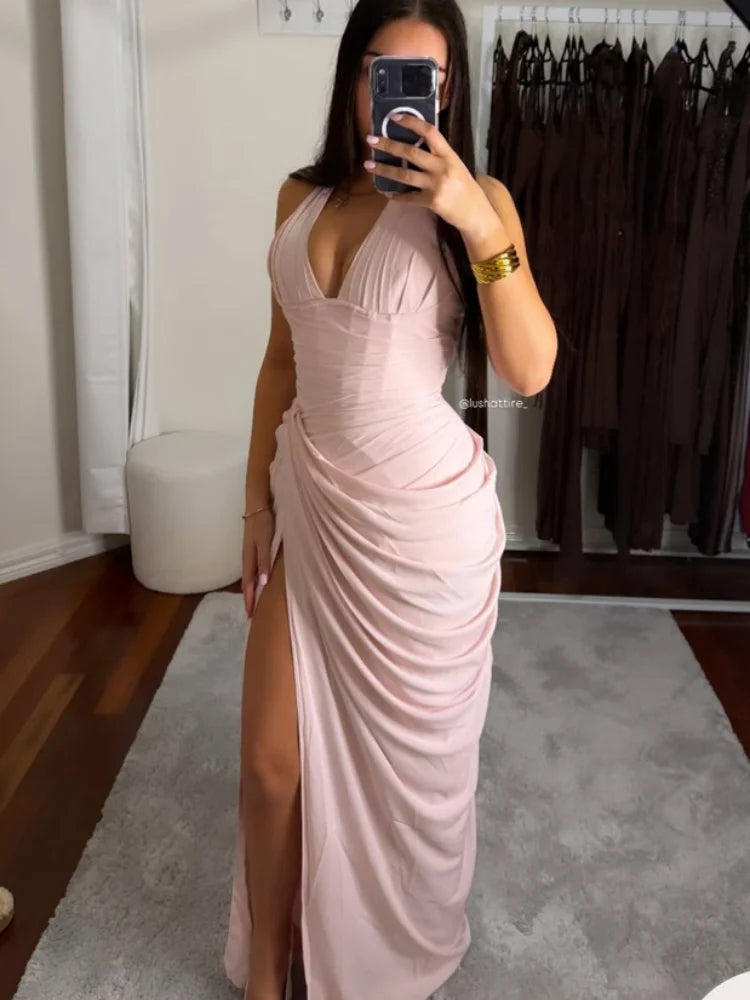 Elegant Yellow Strapless Pleated Long Dress Women Chic Solid Sleeveless Waist Cinching Split Gown 2026 Lady Evening Party Robes