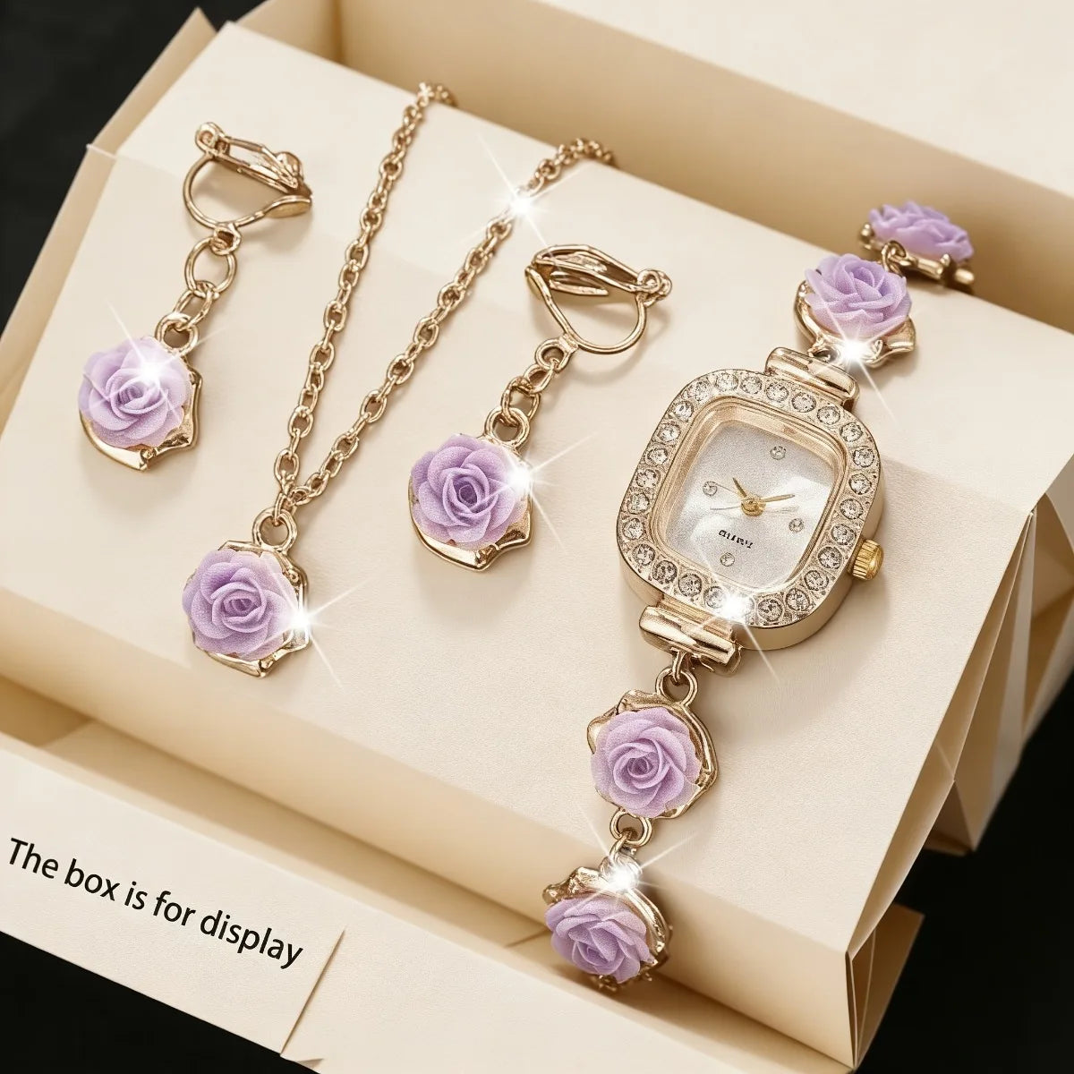 4PCS Elegant Flowers Women Watch Jewelry Set Fashion Rhinestone Square Ladies Quartz Wristwatches Accessories Gifts（Without Box）
