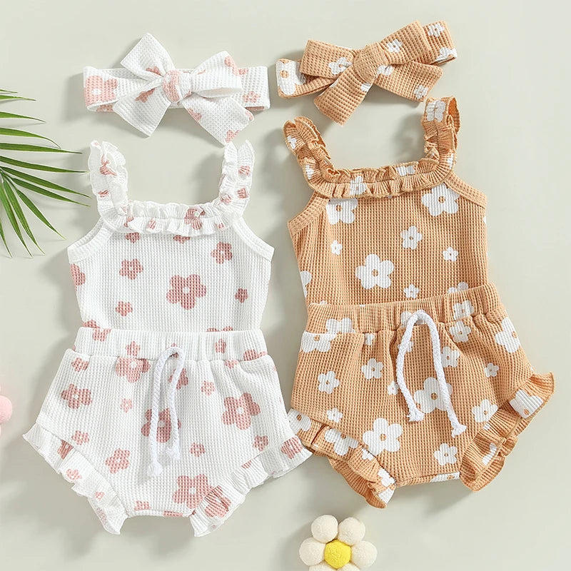 0-18Months Baby Girls 3Pcs Summer Outfits Floral Sleeveless Strap Romper + Shorts + Headband Set