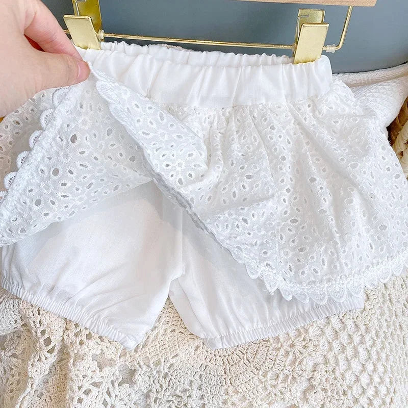2PCS Kids Sets Summer Girl Clothes Children Hollow Lace Sleeveless Tops Shorts Set Fashion Baby Girl Cardigan Fake Two Suit