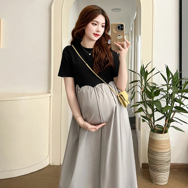 2025 French Style Pregnant Women Elegant Dress Plus Size Long Sleeve O-Neck High Waist Maternity A-Line Dress Long Loose Clothes