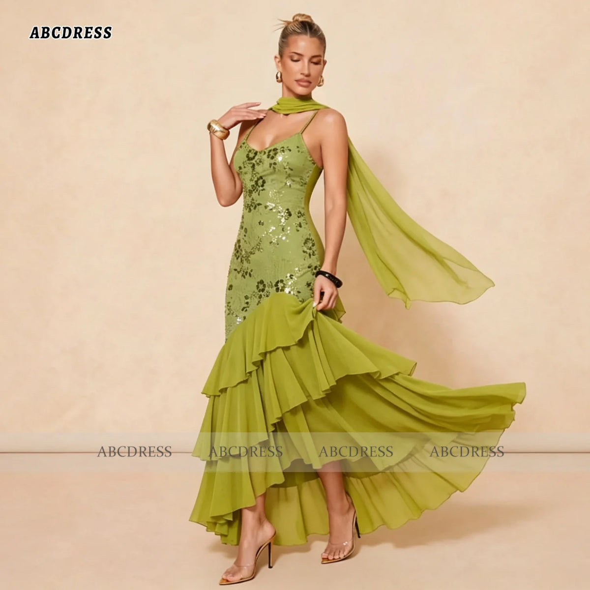 ABC Customized Elegant Olive Green Halter Neck Sequin Floral Evening Dress robes de soirée Mermaid Tiered Ruffle Prom Dress