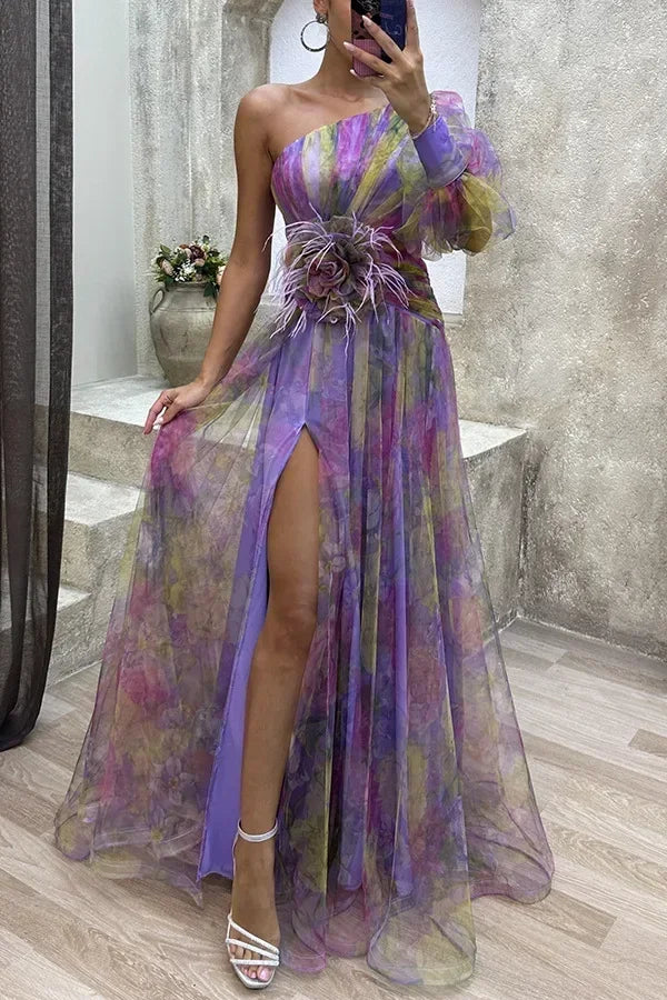 Women Sexy Party Dress Mesh Cut-outs Waist Split End Slanted Shoulders Big Swing Fashion Sleeveless Slim Floral Print Long Cloth