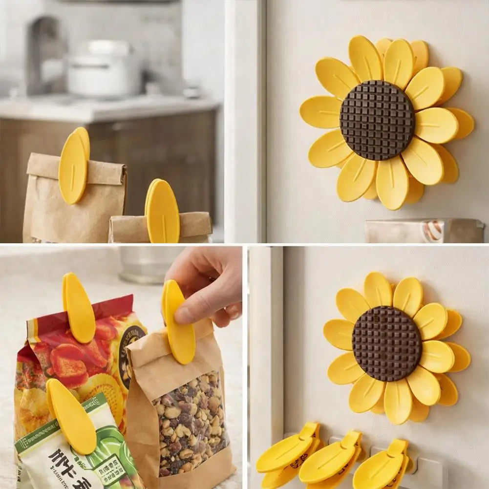 10Pcs Cute Sunflower Magnetic Food Sealing Clips With Base Airtight Chip Snack Bag Clips Kitchen Fresh Keeping Storage Note Clip